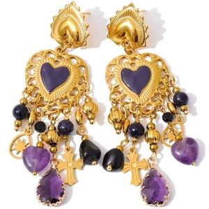 Gold Amethyst Heart Beaded Dangle Earrings | NWOT